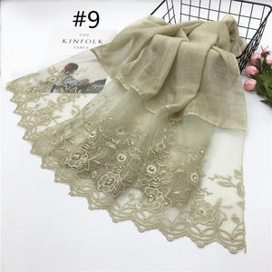1pc Solid color Two-Sides Lace Women foulard hijab Shawl Muslim Scarf Nailed Pearl Plain Stitching Wrap Female Malaysia Hijab