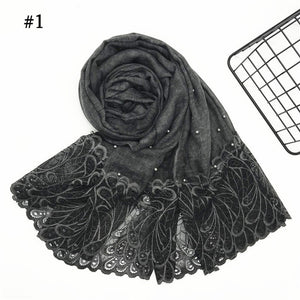 1pc Solid color Two-Sides Lace Women foulard hijab Shawl Muslim Scarf Nailed Pearl Plain Stitching Wrap Female Malaysia Hijab