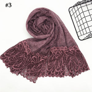 1pc Solid color Two-Sides Lace Women foulard hijab Shawl Muslim Scarf Nailed Pearl Plain Stitching Wrap Female Malaysia Hijab