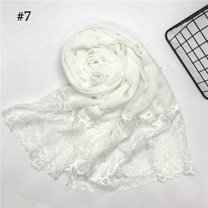 1pc Solid color Two-Sides Lace Women foulard hijab Shawl Muslim Scarf Nailed Pearl Plain Stitching Wrap Female Malaysia Hijab