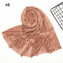 Load image into Gallery viewer, 1pc Solid color Two-Sides Lace Women foulard hijab Shawl Muslim Scarf Nailed Pearl Plain Stitching Wrap Female Malaysia Hijab