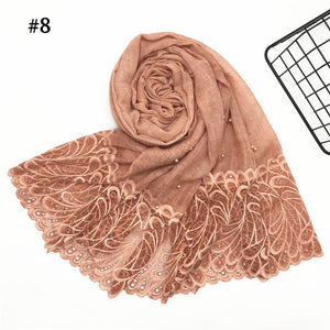1pc Solid color Two-Sides Lace Women foulard hijab Shawl Muslim Scarf Nailed Pearl Plain Stitching Wrap Female Malaysia Hijab