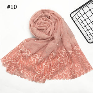 1pc Solid color Two-Sides Lace Women foulard hijab Shawl Muslim Scarf Nailed Pearl Plain Stitching Wrap Female Malaysia Hijab