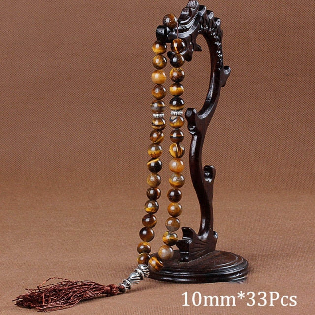 10mm Tiger Eye Natural Stone Bracelets Tassel Pendant 33 Prayer Beads Islamic Muslim Tasbih Allah Mohammed Rosary For Women Men