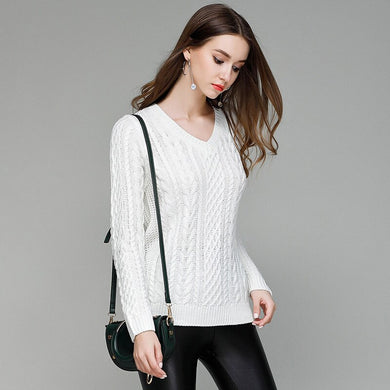 Feminino Lycra Women Plain Wool Knit Sweater Thick Long Sleeve Scarf Collar Pullover