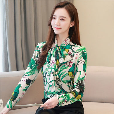 Scarf Collar Print Women's 2020 Spring Clothing Bow Lace-up Office Long Sleeve Blouse