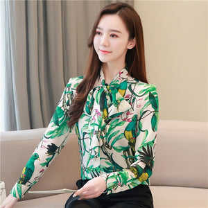 Scarf Collar Print Women's 2020 Spring Clothing Bow Lace-up Office Long Sleeve Blouse