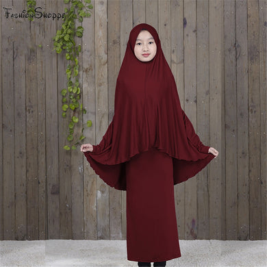 (FR) Traditional Abaya Hijab Robes for Girls Two Piece Muslim Prayer Clothes Kids Solid Loose Large Abayas