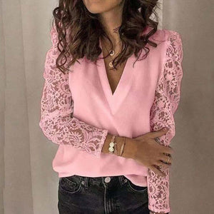 LLYGE Women V-Neck Lace Hollow Out Blouse Patchwork Long Sleeve Ladies Top