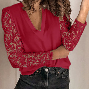 LLYGE Women V-Neck Lace Hollow Out Blouse Patchwork Long Sleeve Ladies Top
