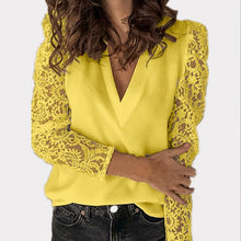 Load image into Gallery viewer, LLYGE Women V-Neck Lace Hollow Out Blouse Patchwork Long Sleeve Ladies Top