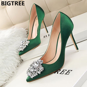 BIGTREE Bridal Wedding Shoes Faux Silk Satin Rhinestones Crystal Stiletto Heels