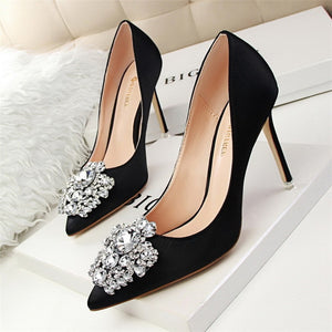 BIGTREE Bridal Wedding Shoes Faux Silk Satin Rhinestones Crystal Stiletto Heels