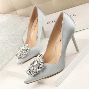 BIGTREE Bridal Wedding Shoes Faux Silk Satin Rhinestones Crystal Stiletto Heels