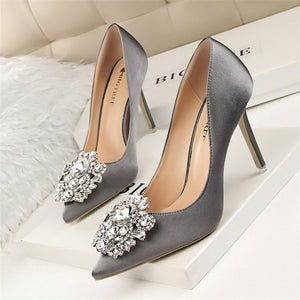 BIGTREE Bridal Wedding Shoes Faux Silk Satin Rhinestones Crystal Stiletto Heels