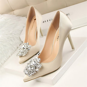 BIGTREE Bridal Wedding Shoes Faux Silk Satin Rhinestones Crystal Stiletto Heels