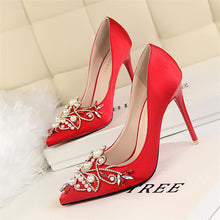 Load image into Gallery viewer, BIGTREE Bridal Wedding Shoes Faux Silk Satin Rhinestones Crystal Stiletto Heels