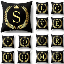 Load image into Gallery viewer, 43*43cm Black Golden Alphabet Letter Crown Polyester Cushion Cover Decorative Pillow