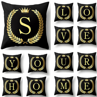 43*43cm Black Golden Alphabet Letter Crown Polyester Cushion Cover Decorative Pillow