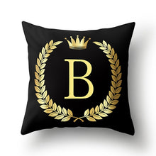 Load image into Gallery viewer, 43*43cm Black Golden Alphabet Letter Crown Polyester Cushion Cover Decorative Pillow