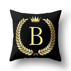 43*43cm Black Golden Alphabet Letter Crown Polyester Cushion Cover Decorative Pillow