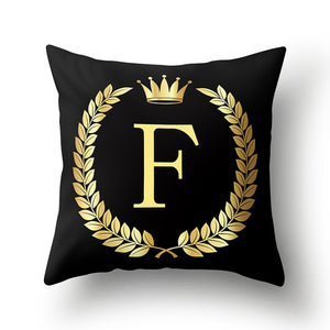 43*43cm Black Golden Alphabet Letter Crown Polyester Cushion Cover Decorative Pillow