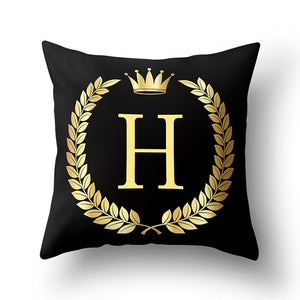 43*43cm Black Golden Alphabet Letter Crown Polyester Cushion Cover Decorative Pillow