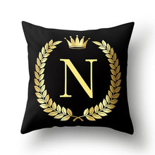Load image into Gallery viewer, 43*43cm Black Golden Alphabet Letter Crown Polyester Cushion Cover Decorative Pillow