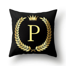 Load image into Gallery viewer, 43*43cm Black Golden Alphabet Letter Crown Polyester Cushion Cover Decorative Pillow