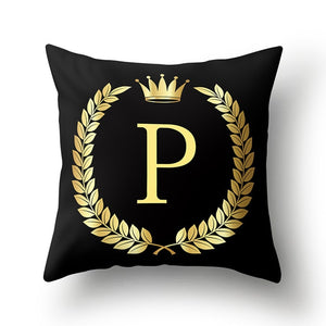 43*43cm Black Golden Alphabet Letter Crown Polyester Cushion Cover Decorative Pillow