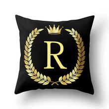 Load image into Gallery viewer, 43*43cm Black Golden Alphabet Letter Crown Polyester Cushion Cover Decorative Pillow