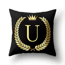 Load image into Gallery viewer, 43*43cm Black Golden Alphabet Letter Crown Polyester Cushion Cover Decorative Pillow