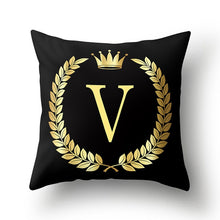 Load image into Gallery viewer, 43*43cm Black Golden Alphabet Letter Crown Polyester Cushion Cover Decorative Pillow