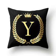 Load image into Gallery viewer, 43*43cm Black Golden Alphabet Letter Crown Polyester Cushion Cover Decorative Pillow