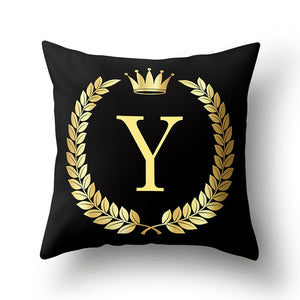 43*43cm Black Golden Alphabet Letter Crown Polyester Cushion Cover Decorative Pillow