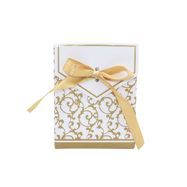 10Pcs/lot Creative Gold Silver Paper Boxs With Gold Ribbon Wedding Favours Birthday Party Gift Candy Bags Packaging Supplies