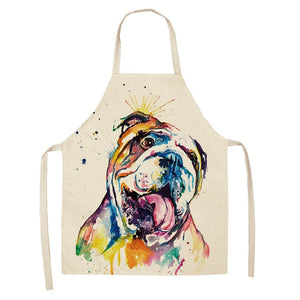 1 Pc Cotton Linen BullDog Dog Print Kitchen Aprons Unisex Dinner Party Cooking Cleaning Apron