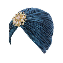 Load image into Gallery viewer, (FR) 1920s Women&#39;s Ruffle Turban Hat Glitter Pleated Stretch Head Wraps Chemo Cap with Detachable Crystal Brooch