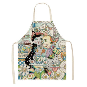 Flower Kitchen Cooking Apron Cute Cat Printed Home Sleeveless Cotton Linen Aprons for Men Women Baking Accessories