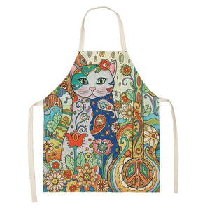 Flower Kitchen Cooking Apron Cute Cat Printed Home Sleeveless Cotton Linen Aprons for Men Women Baking Accessories