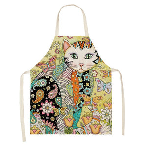 Flower Kitchen Cooking Apron Cute Cat Printed Home Sleeveless Cotton Linen Aprons for Men Women Baking Accessories