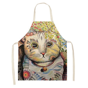 Flower Kitchen Cooking Apron Cute Cat Printed Home Sleeveless Cotton Linen Aprons for Men Women Baking Accessories