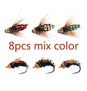 8PCS #12 Hot Sale Brass Bead Head Fast Sinking Nymph Scud Fly Bug Worm Trout Fishing Flies Artificial Insect Fishing Bait Lure
