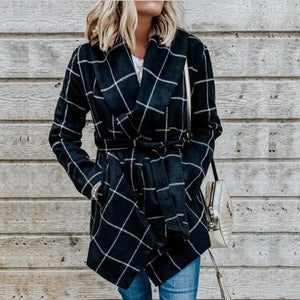 Fashion Plaid Coat Woman Winter Turn Down Shawl Collar Long Sleeve Woollen Blend Warm Overcoat Elegant Office Irregular Overcoat