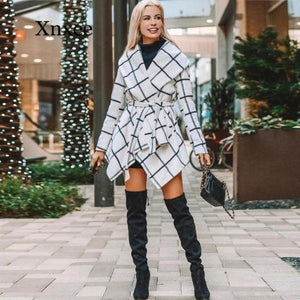 Fashion Plaid Coat Woman Winter Turn Down Shawl Collar Long Sleeve Woollen Blend Warm Overcoat Elegant Office Irregular Overcoat