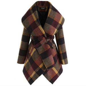 Fashion Plaid Coat Woman Winter Turn Down Shawl Collar Long Sleeve Woollen Blend Warm Overcoat Elegant Office Irregular Overcoat
