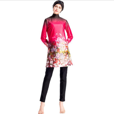 Print Swimsuit Muslim Burkini Chinese Red Full Bathing Suits Woman Floral Long Sleeve Swimwear
