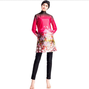 Print Swimsuit Muslim Burkini Chinese Red Full Bathing Suits Woman Floral Long Sleeve Swimwear