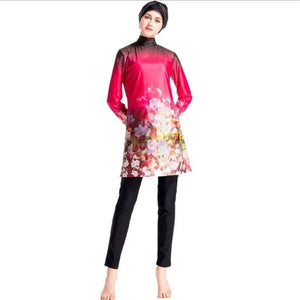 Print Swimsuit Muslim Burkini Chinese Red Full Bathing Suits Woman Floral Long Sleeve Swimwear