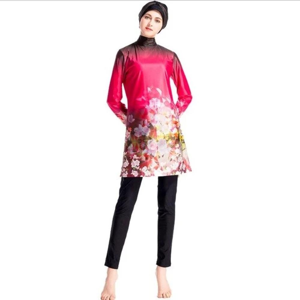 Print Swimsuit Muslim Burkini Chinese Red Full Bathing Suits Woman Floral Long Sleeve Swimwear